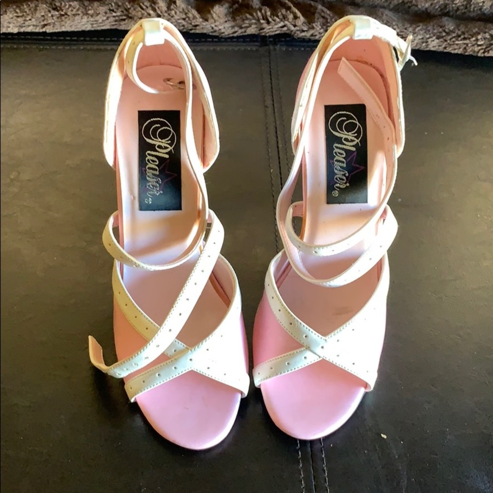 Pink white strappy heels